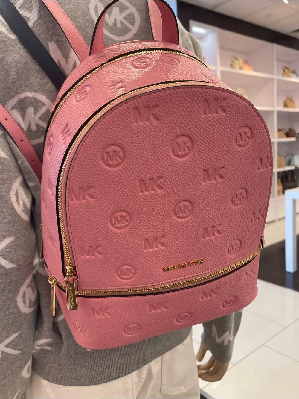 Michael Kors Rhea Medium Zip MK Logo Debossed Backpack Carnation NWT